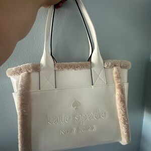 Kate Spade White and Tan Plush Trim Tote